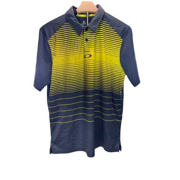 Oakley Mens Hydrolix Polo Shirt S Yellow & Navy Striped Regular Fit Short Sleeve - Picture 1 of 10